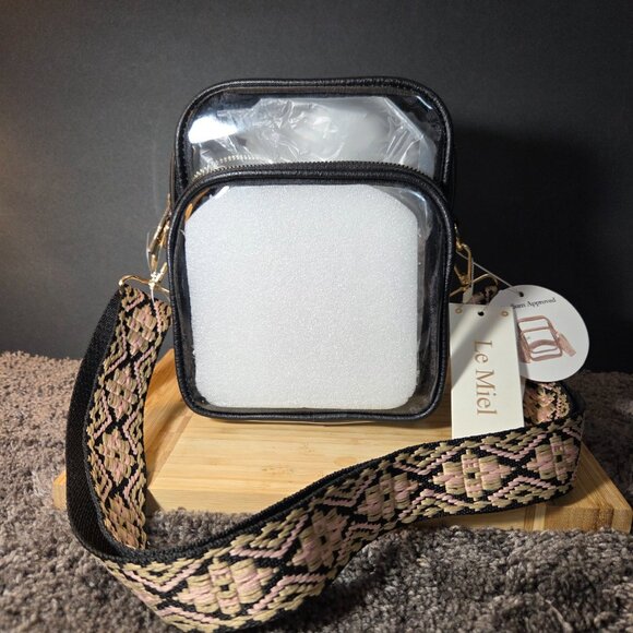 Le Miel Clear Stadium Crossbody Bag, Black Trim, Gold Hardware, Boho Strap - Picture 5 of 9